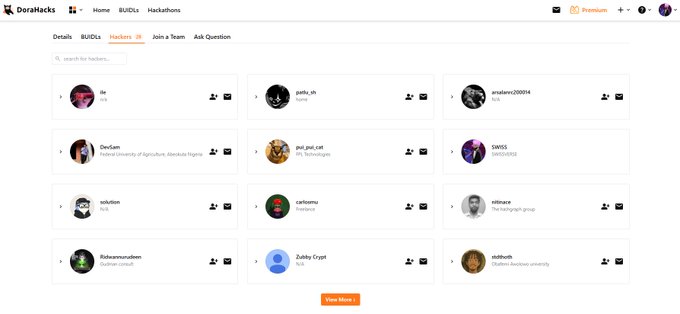 A DoraHacks webpage showing the "Hackers" tab with a grid of user profiles including DevSam, patty_m, anusavv200014, SWISS, martonu, and others.