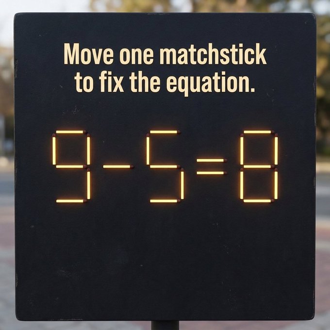 A matchstick puzzle on an LED display reading '9 - 5 = 8' with the instruction 'Move one matchstick to fix the equation.'
