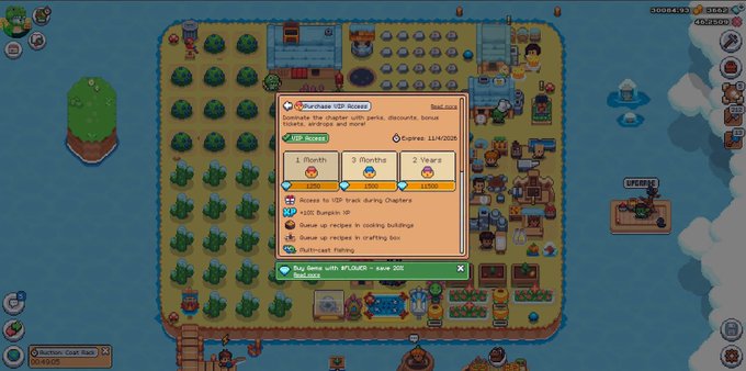 The image shows a Sunflower Land game screen featuring a "VIP Access" purchase popup offering 1-month, 3-months, and 2-Years subscription options at prices of $5, $10, and $25 respectively, with perks including "+10% Returns on all crops," cooking recipe access, crafting boosts, and outfit discount. This aligns with the post's mention of returning to grind in @0xSunflowerLand and considering a 1-month VIP subscription.