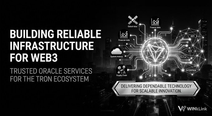 A promotional graphic for WINkLink reads 'BUILDING RELIABLE INFRASTRUCTURE FOR WEB3' and 'TRUSTED ORACLE SERVICES FOR THE TRON ECOSYSTEM,' with a subtitle 'DELIVERING DEPENDABLE TECHNOLOGY FOR SCALABLE INNOVATION' alongside a network diagram labeled with terms like 'Global data,' 'Financial data,' 'DeFi,' and 'Enterprise.'