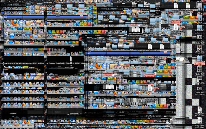 A densely glitched and pixelated composition resembling a warped retail aisle or browser window, with fragmented shelves of colorful products, scattered text snippets, and UI-like elements—visually embodying the chaotic, information-overloaded "Screen of Doom" described in the caption.