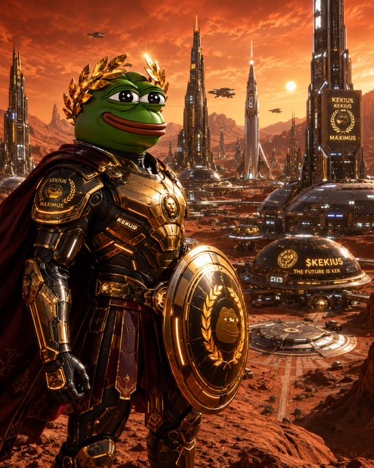 A Pepe the Frog character dressed in golden Roman-style armor with a laurel wreath and shield, standing before a futuristic sci-fi cityscape at sunset labeled 'KEKIUS MAXIMUS' and 'SKEKIUS - THE FUTURE IS HERE.'