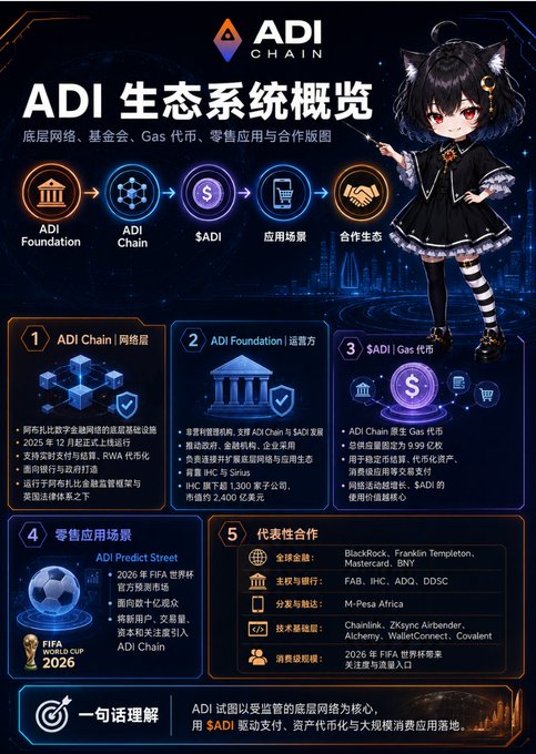 ADI Chain ecosystem overview infographic with an anime mascot, detailing five components: ADI Chain network, ADI Foundation operator, $ADI Gas token, retail applications (Predict Street, FIFA World Cup 2026), and partner collaborations including Mastercard and BNY.
