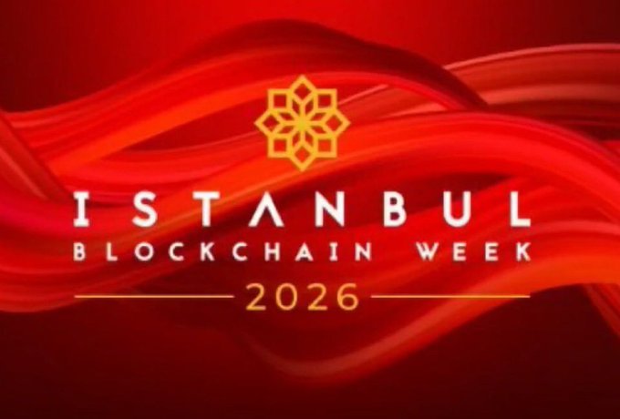 The image features a red background with white text that reads "ISTANBUL BLOCKCHAIN WEEK 2026" at the top, followed by a gold flower design below the text. The text also includes the hashtag "#IBW2026".