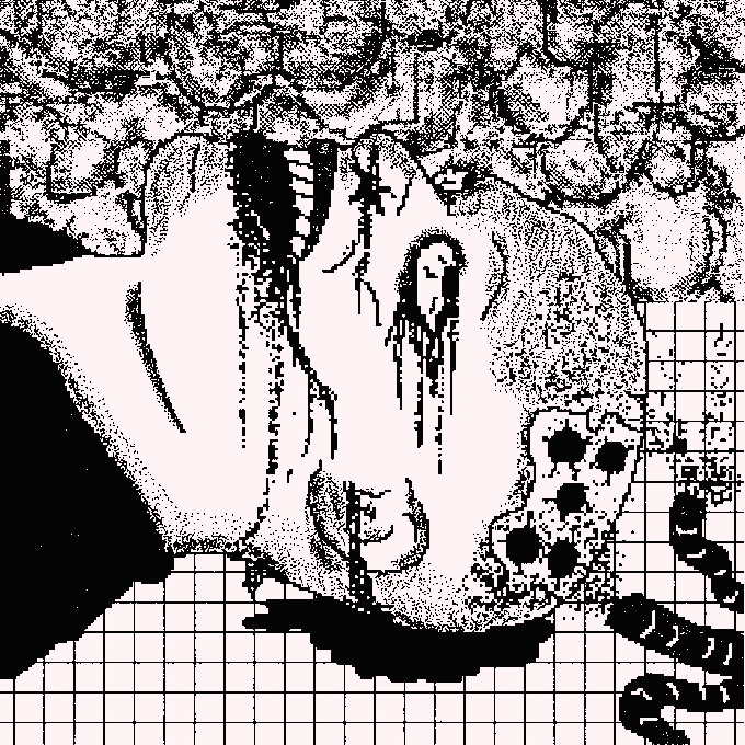 A black and white grainy, high-contrast image showing a figure with dark, dripping substances, a skull with hollow eyes and a beaded necklace, set against a gridded background.