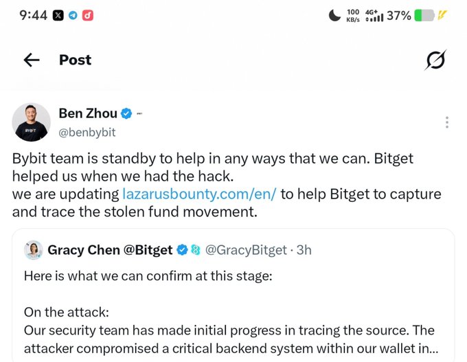 Screenshot of a tweet by Ben Zhou (@benybit) stating 'Bybit team is standby to help in any ways that we can. Bitget helped us when we had the hack. we are updating lazarusbounty.com/en/ to help Bitget to capture and trace the stolen fund movement.' with a quoted tweet from Gracy Chen @Bitget about a security breach.
