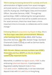 The image displays an excerpt discussing how Metaco, a custody provider serving major institutions like HSBC, BNY Mellon, DBS, Societe Generale, and Deutsche Bank, uses Ripple's XRPL, with three Eps and one SNAPS listed as globally important banks—supporting the claim that Citi, a Metaco client, indirectly leverages XRPL technology.
