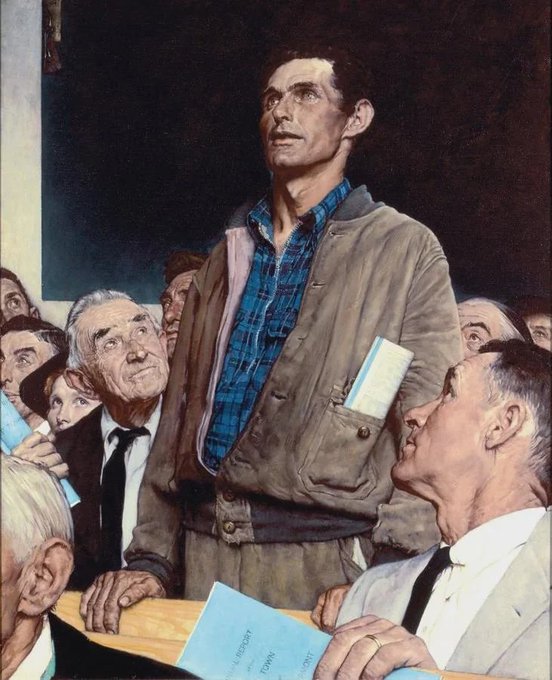 A vintage painting depicting a gaunt man in a brown jacket and blue plaid shirt standing among a crowd of people, holding a paper, with Norman Rockwell-style realism.