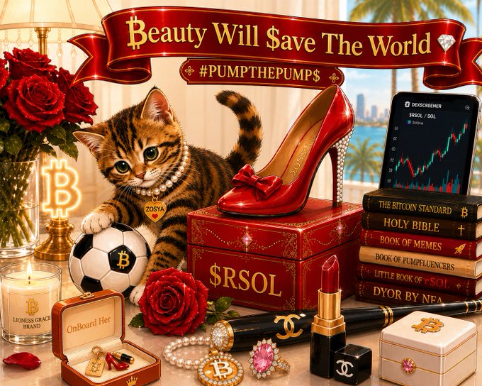 A decorative graphic featuring a kitten in a pearl necklace, a red high heel shoe, a Bitcoin soccer ball, books titled 'THE BITCOIN STANDARD,' 'HOLY BIBLE,' and 'BOOK OF MEMES,' and a banner reading 'Beauty Will $ave The World #PUMPTHEPUMP$'.