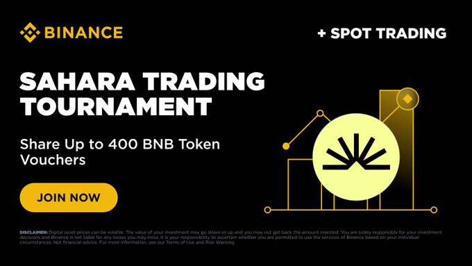 A Binance promotional banner for the "SAHARA TRADING TOURNAMENT" inviting users to trade on Spot markets for a chance to share up to 400 BNB in token vouchers, featuring a yellow "JOIN NOW" call-to-action button and a stylized sun chart graphic. The image aligns with the accompanying post announcing SAHARA's tournament on Binance with the same 400 BNB voucher prize pool.