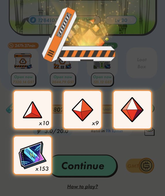 A mobile game interface showing a reward or loot screen with options to "Open now" and items like red/orange gem icons (x10, x9) and a holographic card (x153), with a "Continue" button and GMT token visible.