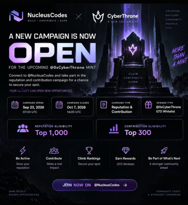 Promotional graphic for a 'NucleusCodes x CyberThrone' campaign announcing an open mint, with dates 'Sep 23, 2026' to 'Oct 7, 2026' and 'GTD Whitelist' reward details.