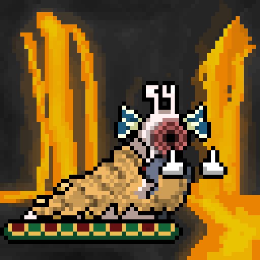 A pixel art image shows a grotesque monster with a large eye, open mouth, and tentacle-like appendages surrounded by orange flames.