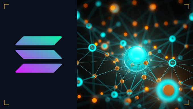 A digital graphic features the purple and teal Solana logo on the left, contrasted with a glowing network of interconnected nodes and lines on a black background on the right.