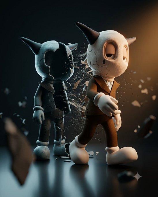 Two stylized 3D-rendered figures with horned, cracked heads stand against a dark background, one appearing to dissolve into fragments. The cracked, weathered appearance and fragmented pieces suggest themes of transformation or emergence, fitting the "New Beast" reveal teased in the caption.