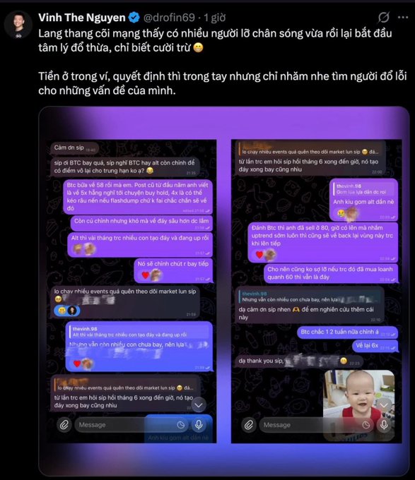 A tweet by Vinh The Nguyen (@drofin69) containing screenshots of Vietnamese cryptocurrency trading conversations, discussing market trends and the emotional toll of trading.