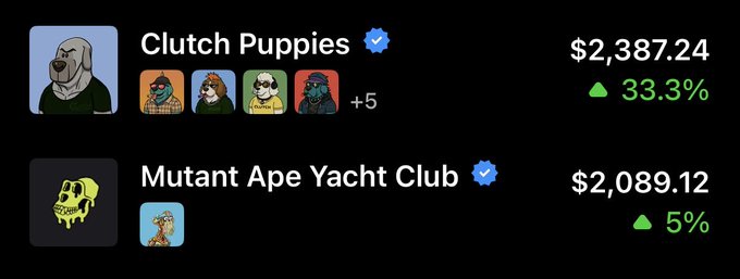 A financial dashboard showing the NFT collections "Clutch Puppies" priced at $2,387.24 (up 33.3%) and "Mutant Ape Yacht Club" priced at $2,089.12 (up 5%).
