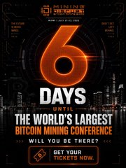 A promotional graphic for the 'MINING DISRUPT 2026' Bitcoin mining conference, featuring a large glowing '6' with text reading '6 DAYS UNTIL THE WORLD'S LARGEST BITCOIN MINING CONFERENCE — WILL YOU BE THERE?'