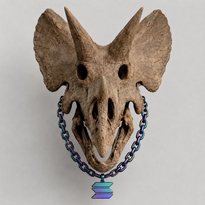 A 3D render shows a triceratops-like skull wearing a metallic purple and blue chain with a Solana (SOL) logo pendant.