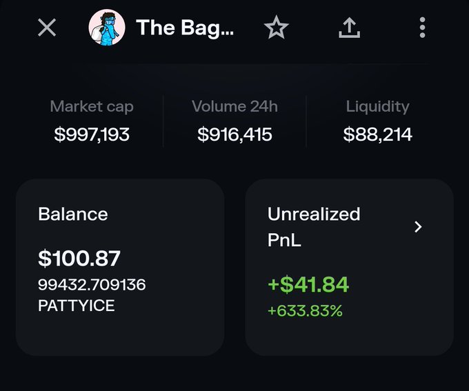 Cryptocurrency trading app interface displaying token details for 'The Bag...' (PATTYICE), showing a market cap of $997,193, balance of $100.87, and an unrealized PnL of +$41.84 (+633.83%).