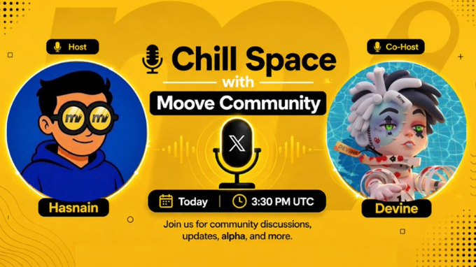 The image features a poster for an event called "Chill Space" with two cartoon characters wearing glasses, one blue and one white, sitting next to each other. The background of the poster has a yellow color scheme, and there are text elements such as the words "Chill Space", "Moove Community", and "Co Host". Additionally, there is an audio recording of the event's topic being discussed on air.