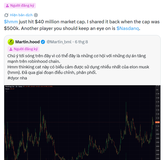 Twitter post in Vietnamese highlighting $hmm reaching a $40 million market cap and recommending $Nasdanq, with embedded chart of Thinking Cat token.