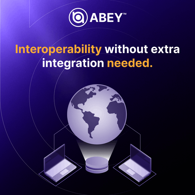 A promotional graphic for ABEY with the text 'Interoperability without extra integration needed,' featuring a globe and two laptops.