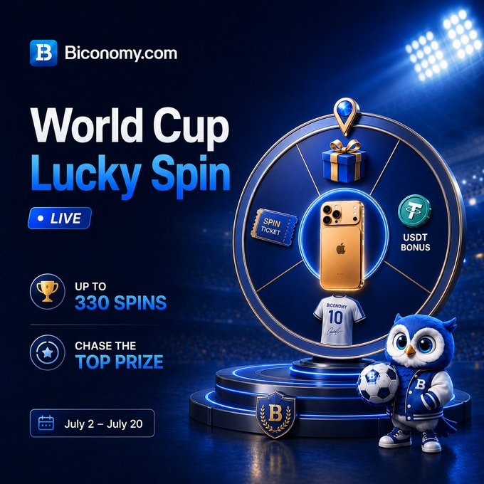 A promotional graphic for Biconomy.com's "World Cup Lucky Spin" event featuring a prize wheel with an iPhone 17 Pro Max, signed "Biconomy 10" jersey, spin tickets, and USDT bonuses, alongside an owl mascot holding a soccer ball and details showing "Up to 330 Spins" during July 2 - July 20. The image visually highlights the three reward tiers mentioned in the post, with the wheel displaying the top prizes players can win through the spot trading, futures trading, and match prediction activities.