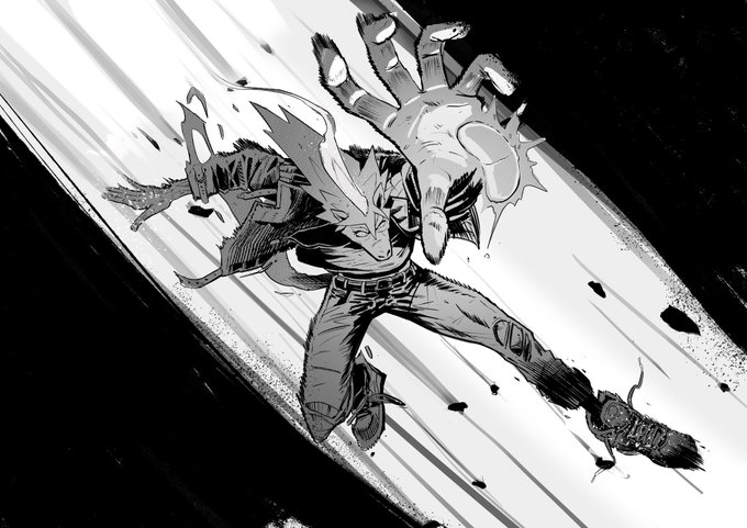 A black-and-white manga-style illustration of a character with spiky hair being thrown or flying backward at high speed with a large hand reaching toward the viewer.