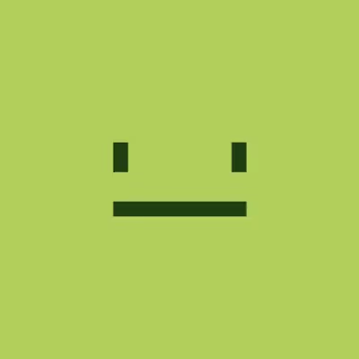 A minimalist lime green face with two dark square eyes and a straight, expressionless horizontal mouth line.
