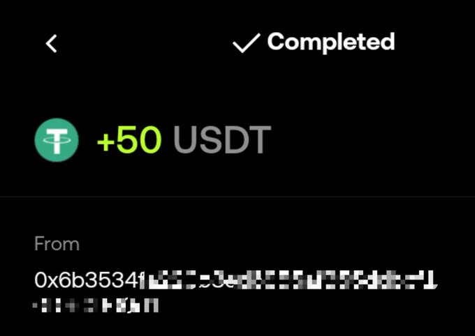 A mobile cryptocurrency wallet confirmation screen showing a completed transaction of '+50 USDT' sent from a partially obscured wallet address starting with '0x6b35341f...'.