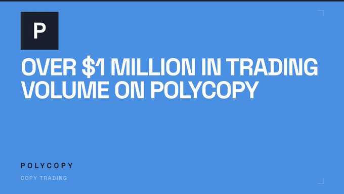 The image shows a blue banner with white text that reads "Over $1 Million in Trading Volume on Polycop". The text is in all capital letters, making it stand out against the blue background of the banner. This suggests that there has been a significant increase in trading volume for Polycop users over the past month or so.