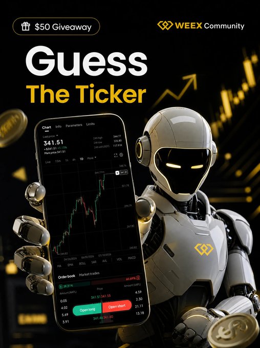 A futuristic robot holds up a smartphone displaying a live trading chart with the price "341.51" while a "$50 Giveaway" banner reads "Guess The Ticker" from WEEX Community, encouraging users to guess the stock ticker with the hint "$A___" for a chance to win 50 USDT.