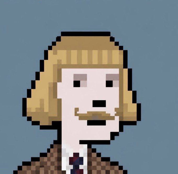 A pixel art illustration of a blonde, smiling man with a mustache wearing a checkered brown jacket and dark tie against a solid blue-gray background.