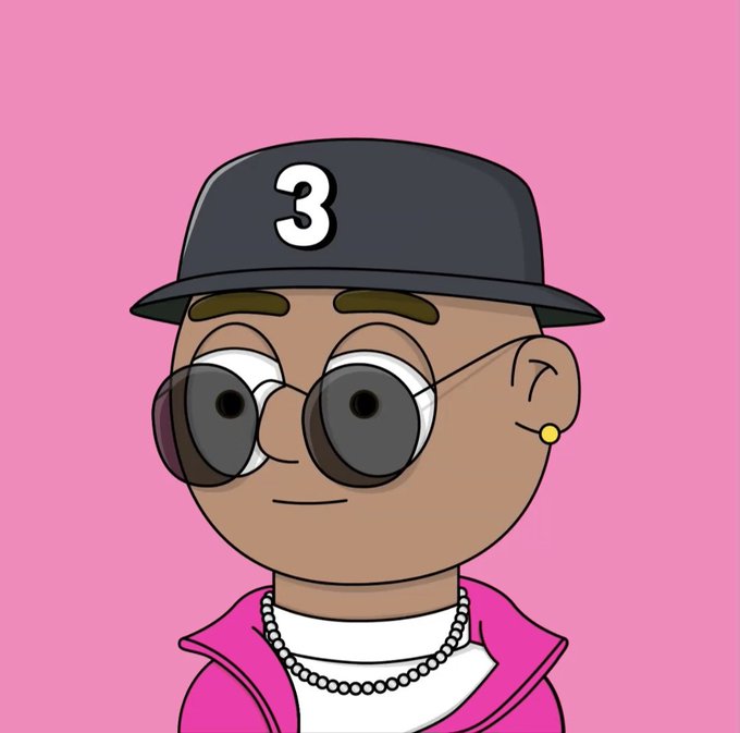 A cartoon-style NFT-style avatar features a person with dark skin wearing a black cap with the number '3', round sunglasses, a pearl necklace, and a pink jacket against a solid pink background.