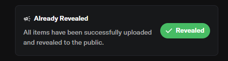 The image shows a dark notification banner with the header "Already Revealed" and a message stating "All items have been successfully uploaded and revealed to the public," accompanied by a green "Revealed" button with a checkmark. This relates to the Babu Pengus OpenSea collection, confirming that all NFTs in the collection have completed their reveal process.