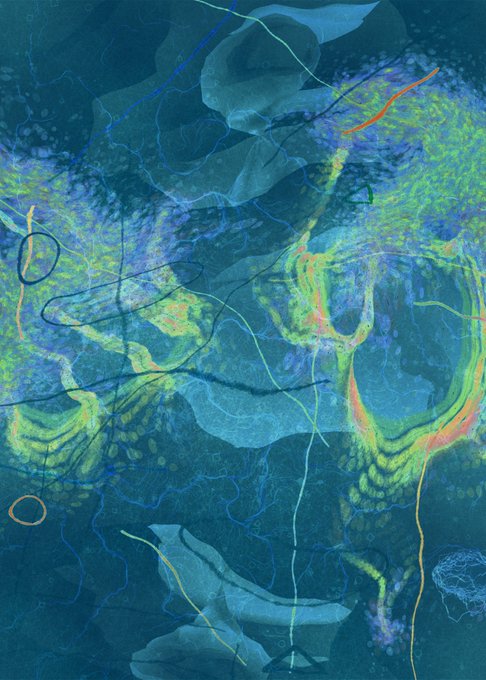 An abstract digital artwork featuring a dark teal background with vibrant, swirling lines in green, yellow, orange, and blue, resembling flowing energy or neural networks.