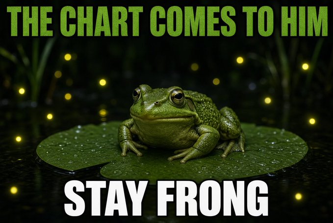 A green frog sits on a lily pad at night with fireflies in the background, captioned with green text 'THE CHART COMES TO HIM' and white text 'STAY FRONG' (likely a misspelling of 'STRONG').