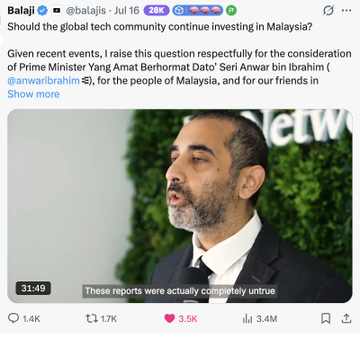 A tweet from Balaji (@balajis) dated July 16 praising global tech investment in Malaysia and nominating Prime Minister Anwar Ibrahim (@anwaribrahim) for consideration, featuring an image of a bearded man in a suit with the caption 'These reports were actually completely untrue' and 1.4K replies, 1.7K reposts, 3.5K likes, and 3.4M views.