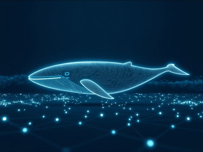 A futuristic digital illustration of a glowing blue whale rendered in circuit-board patterns, floating above a network of luminous nodes on a dark blue background.