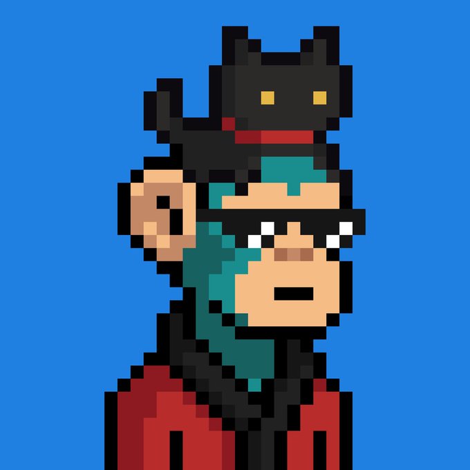 Pixel art on a blue background depicting a character with teal hair, a black cap with yellow eyes (resembling a cat), and a red shirt.