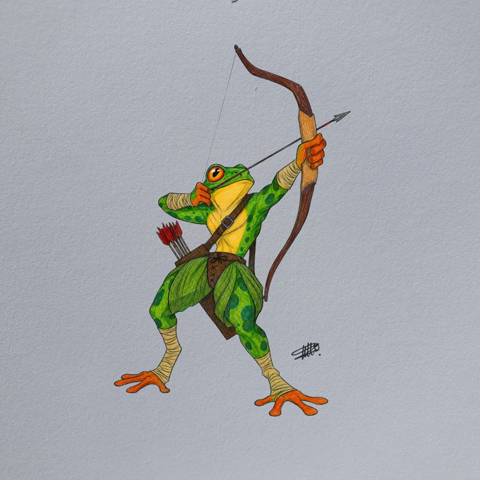 A green frog archer draws a bow aimed upward, echoing the post's "aiming for the stars" rallying cry and bullish momentum for $RIBBIT ahead of a major announcement. The signer's mark "SHEED" appears near the frog's foot.