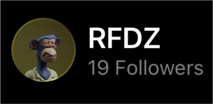 A social media profile card for 'RFDZ' showing 19 followers alongside a cartoonish avatar of a blue character with large lips wearing a collared shirt.