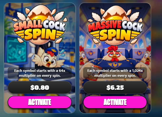 Two in-game purchase options are displayed for a cock-themed slot game: "Small Cock Spin" for $0.80 with a 64x multiplier, and "Massive Cock Spin" for $6.25 with a 1,024x multiplier, each featuring an "Activate" button. The image presents a humorous choice between the two spins that viewers are being asked to select from in the accompanying post.