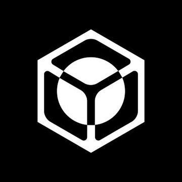 A white hexagonal logo with a circular center is displayed against a solid black background.