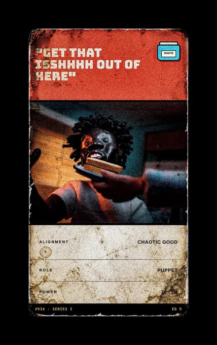 A worn trading card labeled "GET THAT ISSHHHHH OUT OF HERE" (#034, Series I) by @Ed_Balloon features a photograph of a person wearing a gorilla mask while brushing their teeth, classified as "Chaotic Good" alignment with the role of "Puppet." The card matches the accompanying post showcasing Ed Balloon's NFT artwork.