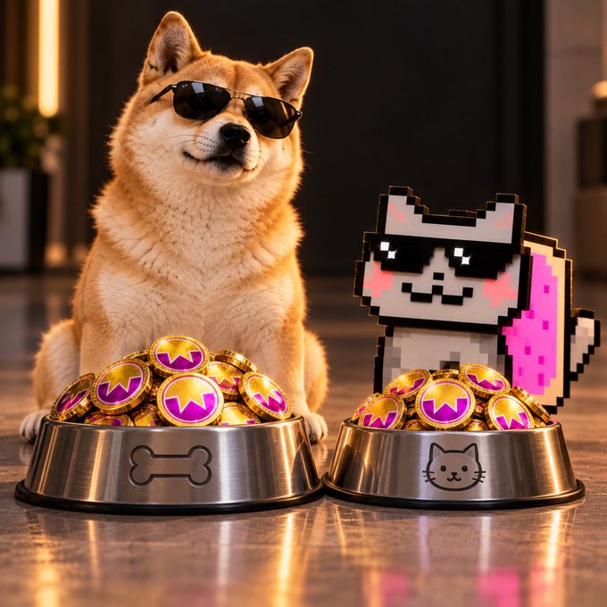 A Shiba Inu dog wearing aviator sunglasses sitting next to a pixel-art Nyan Cat figure, both in front of metal pet bowls filled with gold coins featuring a purple 'W' star symbol.