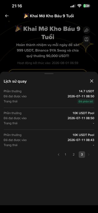 A mobile app screen in Vietnamese titled 'Khai Mở Kho Báu 9 Tuổi' (Treasure Hunt 9 Years Old) showing a reward history of 14.7 USDT and 10K USDT Pool prizes from a Binance 9YA Swag event ending 2026-08-01.