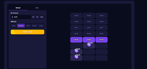 The image shows the betting interface for a Towers game on Roobet, featuring a 4x3 grid of tiles with potential multipliers (ranging from $0.01 to $5.83), where the player has placed bets ($0.03, $0.01) on higher-risk tiles in the middle and bottom rows. The interface displays a "Manual" mode with a bet amount of $0.01, "Medium" difficulty selected, and an active bet amount of $0.03, illustrating the user's experience of carefully navigating through progressively riskier multipliers as they advance through the layers of the game.