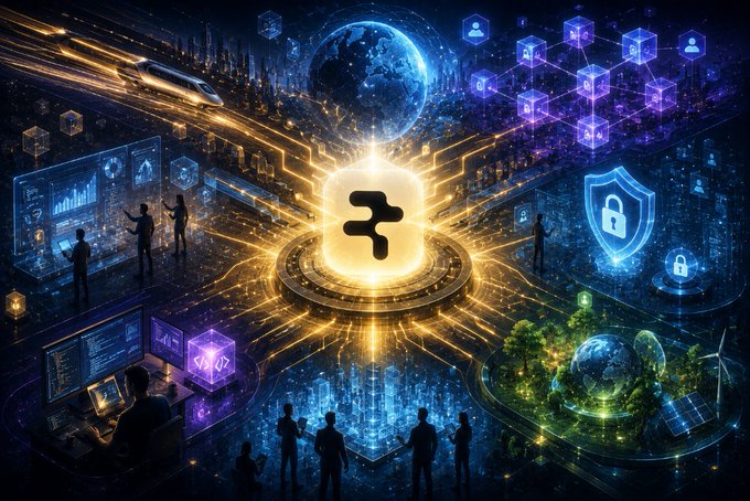 A vibrant digital art illustration depicts a glowing central logo surrounded by technological elements including servers, security shields, blockchain cubes, and silhouetted figures.